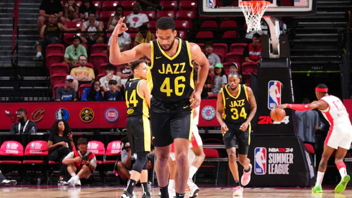 ULY 16: Keshawn Justice #46 of the Utah Jazz reacts during the game against the Houston Rockets during the 2023 NBA Las Vegas Summer League Semifinals on July 16, 2023.
