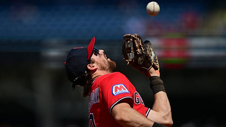 Apr 22, 2026: Cleveland Guardians third baseman Daniel Schneemann (10) catches a ball hit by Houston Astros third baseman Isaac Paredes (15) during the fourth inning at Progressive Field. Credit: David Dermer-Imagn Images