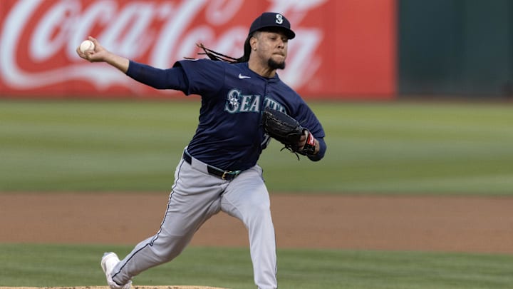 Sep 3, 2024; Oakland, California, USA; Seattle Mariners starting pitcher Luis Castillo (58) delivers a pitch against the Oakland Athletics during the first inning at Oakland-Alameda County Coliseum.