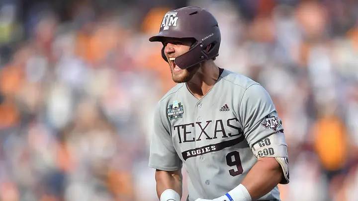 Texas A&M's Gavin Grahovac (9) celebrates an RBI-single during Game 3 of the NCAA College World Series finals between Tennessee and Texas A&M at Charles Schwab Field in Omaha, Neb., on Monday, June 24, 2024. Texas A&M's Gavin Grahovac (9) celebrates an RBI-single during Game 3 of the NCAA College World Series finals between Tennessee and Texas A&M at Charles Schwab Field in Omaha, Neb., on Monday, June 24, 2024.