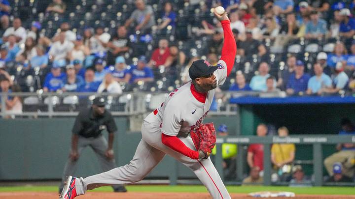 May 18, 2026; Kansas City, Missouri, USA; Boston Red Sox relief pitcher Aroldis Chapman (44) delivers a pitch against the Kansas City Royals during the ninth inning at Kauffman Stadium. Mandatory Credit: Denny Medley-Imagn Images