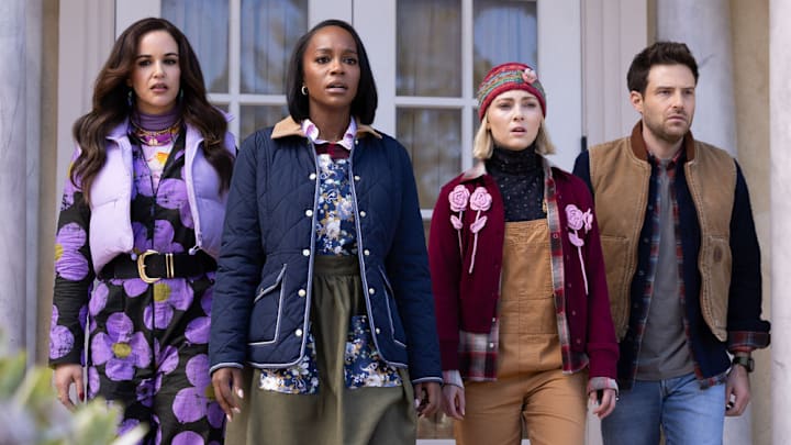GROSSE POINTE GARDEN SOCIETY -- "The Frost" Episode 108 -- Pictured: (l-r) Melissa Fumero as Birdie, Aja Naomi King as Catherine, AnnaSophia Robb as Alice, Ben Rappaport as Brett