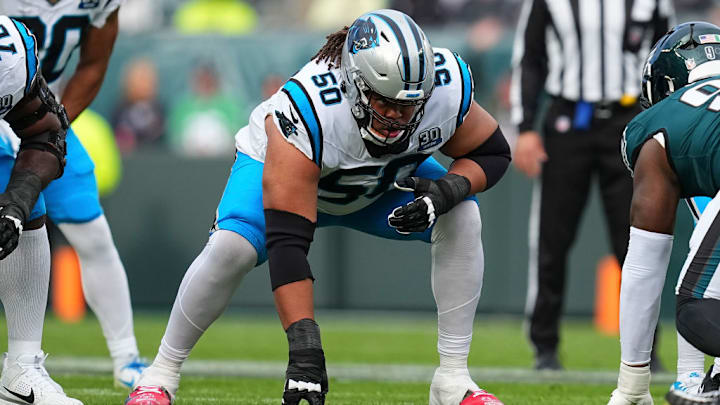 PHILADELPHIA, PENNSYLVANIA - DECEMBER 8: Robert Hunt #50 of the Carolina Panthers in action against the Philadelphia Eagles at Lincoln Financial Field on December 8, 2024 in Philadelphia, Pennsylvania. PHILADELPHIA, PENNSYLVANIA - DECEMBER 8: Robert Hunt #50 of the Carolina Panthers in action against the Philadelphia Eagles at Lincoln Financial Field on December 8, 2024 in Philadelphia, Pennsylvania.