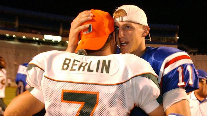 Brock Berlin (7) and Louisiana Tech's Luke McCown meet after a 2003 matchup at Shreveport's Independence Stadium.

SHR 1225 TechMiami SecondaryArt