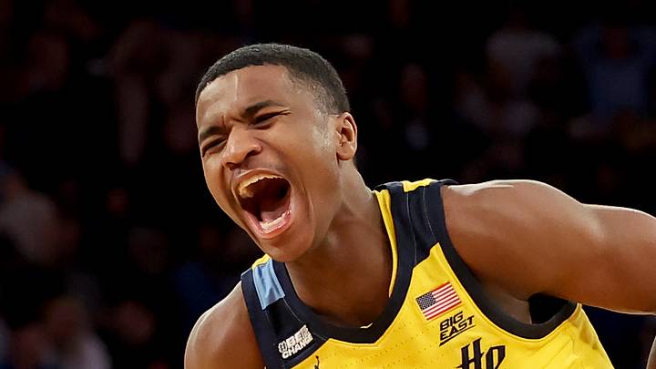 Marquette Golden Eagles guard Kam Jones (1) reacts after defeating the Connecticut Huskies at Madison Square Garden on March 10, 2023.