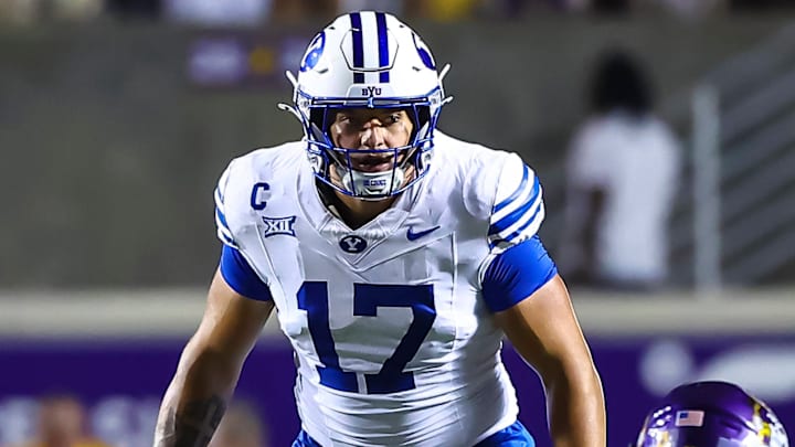 September 20, 2025: BYU linebacker Jack Kelly (17). NCAA, College League, USA football game between Brigham Young University and East Carolina University at Dowdy-Ficklen Stadium, Greenville, North Carolina.