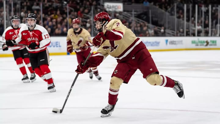 Graduate senior, Eamon Powell (2), during Monday night's emphatic victory against the Northeastern Huskies in BC's opening game of the 72nd annual Dunkin' Beanpot from TD Garden in Boston, MA. Mandatory credit: Meg Kelly / BC Athletics