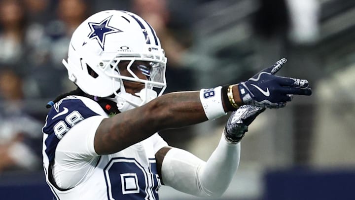 Oct 19, 2025; Arlington, Texas, USA; Dallas Cowboys wide receiver Ceedee Lamb (88) celebrates after a play against the Washington Commanders during the first quarter of the game at AT&T Stadium. Mandatory Credit: Kevin Jairaj-Imagn Images