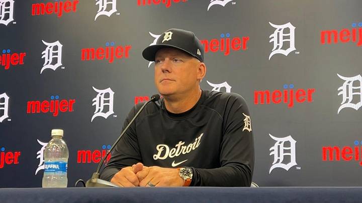 Detroit Tigers manager A.J. Hinch talks to reporters before a game against the Boston Red Sox. 