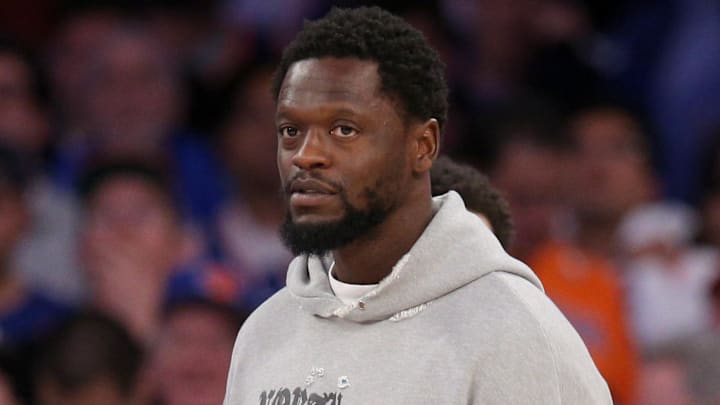 May 6, 2024; New York, New York, USA; New York Knicks injured forward Julius Randle (30) during the fourth quarter of game one of the second round of the 2024 NBA playoffs against the Indiana Pacers at Madison Square Garden. Mandatory Credit: Brad Penner-Imagn Images