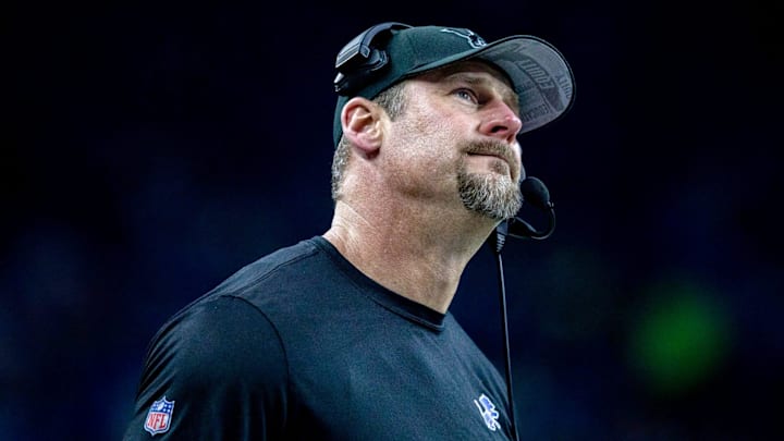 Detroit Lions head coach Dan Campbell looks up at the scoreboard after a play against the Minnesota Vikings at Ford Field in Detroit on Sunday, Jan. 7, 2024