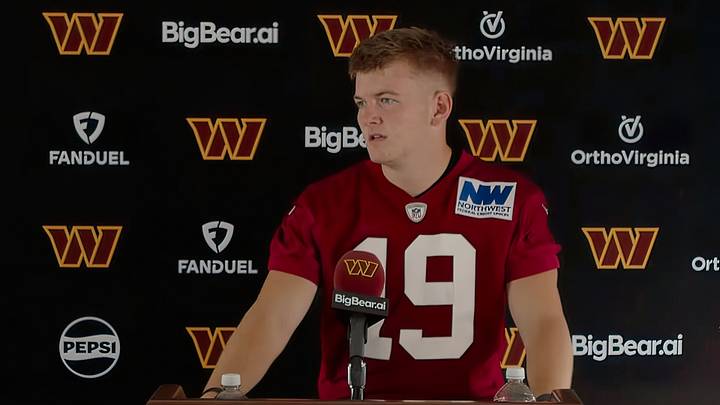 Washington Commanders kicker Drew Stevens speaks with reporters following Tuesday’s training camp practice after emerging as the winner of the team’s kicking competition. Washington Commanders kicker Drew Stevens speaks with reporters following Tuesday’s training camp practice after emerging as the winner of the team’s kicking competition.