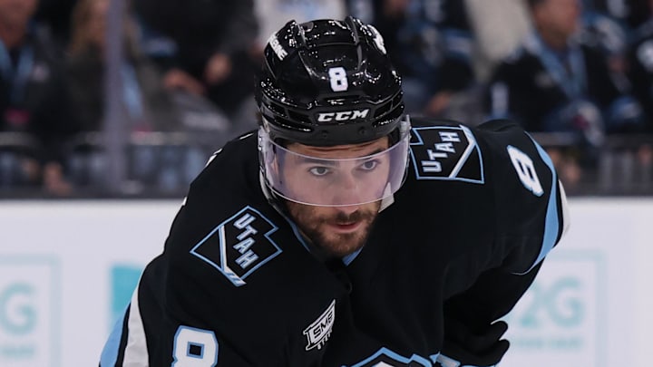 Feb 25, 2026; Salt Lake City, Utah, USA; Utah Mammoth center Nick Schmaltz (8) waits for the play against the Colorado Avalanche during the first period at Delta Center. Mandatory Credit: Rob Gray-Imagn Images