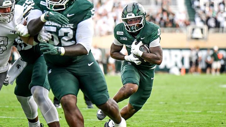 Michigan State’s Jaziun Patterson runs for a touchdown against Eastern Michigan during the fourth quarter on Saturday, Sept. 12, 2026, at Spartan Stadium in East Lansing. Michigan State’s Jaziun Patterson runs for a touchdown against Eastern Michigan during the fourth quarter on Saturday, Sept. 12, 2026, at Spartan Stadium in East Lansing.