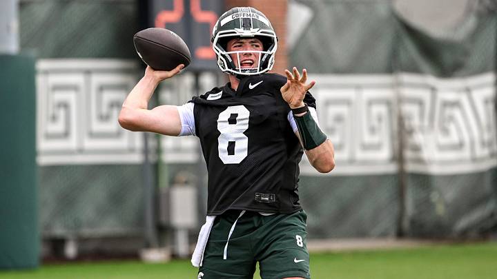 Michigan State Kayd Coffman throws a pass during football practice on Thursday, Aug. 6, 2026, in East Lansing.