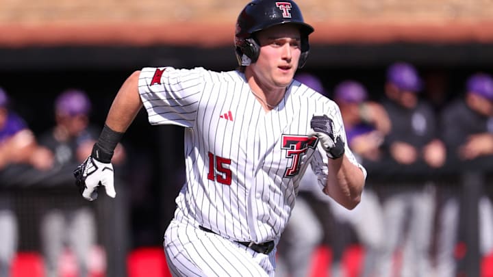 Texas Tech's Caden Ferraro runs to first during a non-conference baseball game, Sunday, Feb. 22, 2026, at Rip Griffin Park. Texas Tech's Caden Ferraro runs to first during a non-conference baseball game, Sunday, Feb. 22, 2026, at Rip Griffin Park.