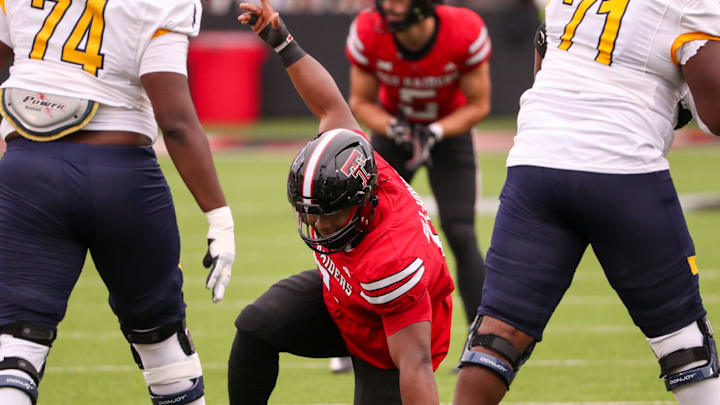 Texas Tech's Skyler Gill-Howard calls for more crowd noise against Kent State during a non-conference football game, Saturday, September 6, 2025, at Jones AT&T Stadium.