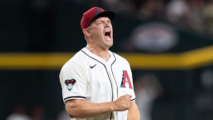 Arizona Diamondbacks pitcher Paul Sewald (38) celebrates after closing the game to win 4-3 against the Pittsburgh Pirates on July 26, 2024, at Chase Field in Phoenix.