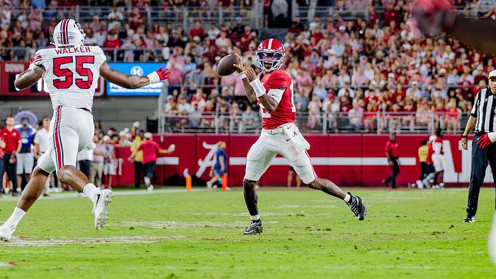 Alabama quarterback Keelon Russell throws the ball in the second half of the game against South Carolina on Sept 26, 2026.