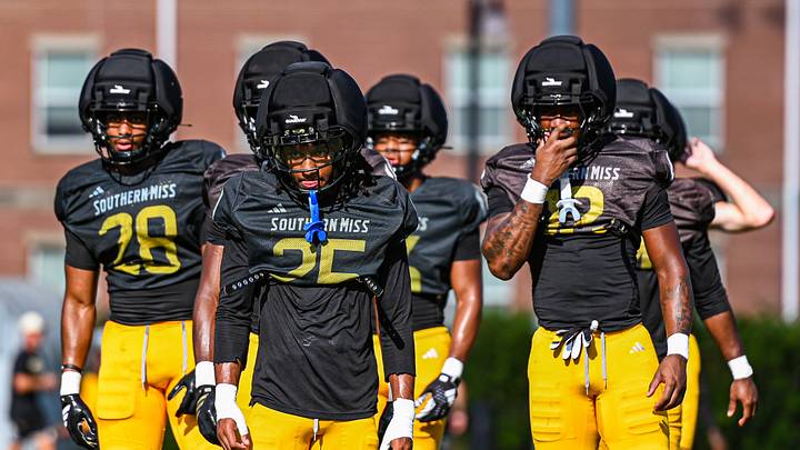 Members of Southern Miss' 2026 defensive squad lined up at Fall Training. Members of Southern Miss' 2026 defensive squad lined up at Fall Training.