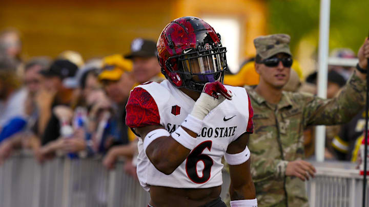 Oct 12, 2024; Laramie, Wyoming, USA; San Diego State Aztecs safety Eric Butler (6).