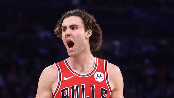 Apr 3, 2026; New York, New York, USA;  Chicago Bulls guard Josh Giddey (3) reacts to a call in the third quarter against the New York Knicks at Madison Square Garden. Mandatory Credit: Wendell Cruz-Imagn Images