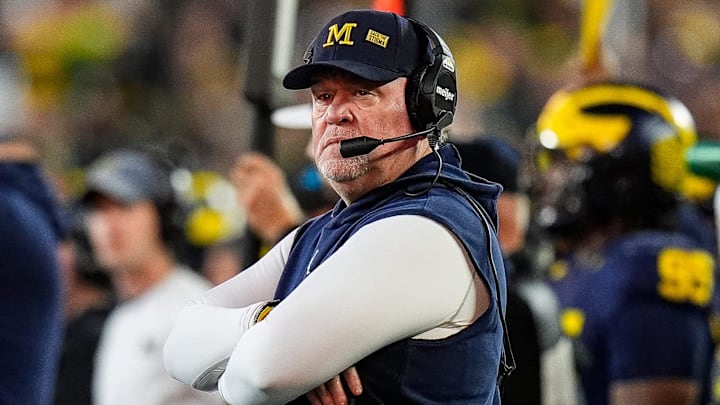 Michigan defensive coordinator Wink Martindale reacts to a play against Oregon during the second half at Michigan Stadium in Ann Arbor on Saturday, Nov. 2, 2024.