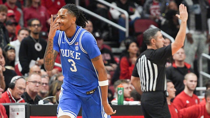 Duke Blue Devils guard Isaiah Evans (3) celebrates hitting a three-point shot as the Blue Devils rallied to beat Louisville 84-73 Tuesday night at KFC Yum Center, January 6, 2026.