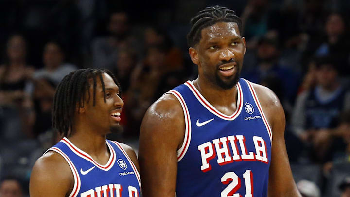 Apr 6, 2024; Memphis, Tennessee, USA; Philadelphia 76ers guard Tyrese Maxey (0) and center Joel Embiid (21) talk as they walk off the court at half time against the Memphis Grizzlies at FedExForum. Mandatory Credit: Petre Thomas-Imagn Images Apr 6, 2024; Memphis, Tennessee, USA; Philadelphia 76ers guard Tyrese Maxey (0) and center Joel Embiid (21) talk as they walk off the court at half time against the Memphis Grizzlies at FedExForum. Mandatory Credit: Petre Thomas-Imagn Images