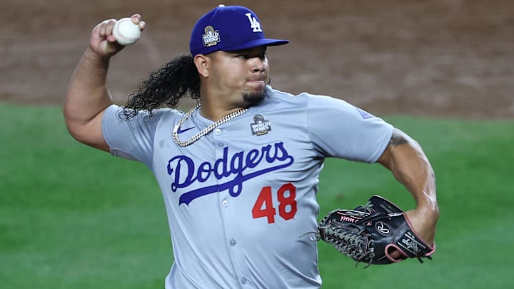 Oct 30, 2024; New York, New York, USA; Los Angeles Dodgers pitcher Brusdar Graterol (48) throws during the sixth inning against the New York Yankees in game five of the 2024 MLB World Series at Yankee Stadium. Mandatory Credit: Wendell Cruz-Imagn Images Oct 30, 2024; New York, New York, USA; Los Angeles Dodgers pitcher Brusdar Graterol (48) throws during the sixth inning against the New York Yankees in game five of the 2024 MLB World Series at Yankee Stadium. Mandatory Credit: Wendell Cruz-Imagn Images