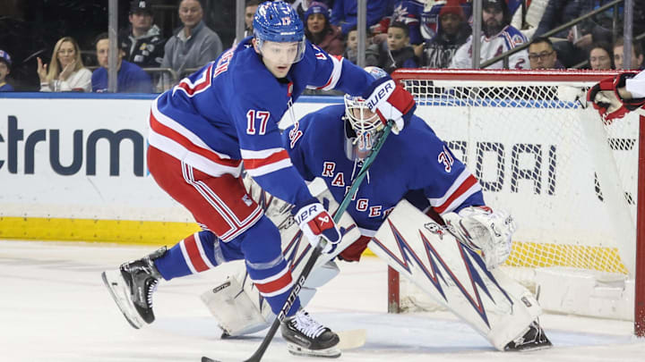 Jan 28, 2025; New York, New York, USA;  New York Rangers defenseman Will Borgen (17) knocks the puck away from the net in the second period against the Carolina Hurricanes at Madison Square Garden. Mandatory Credit: Wendell Cruz-Imagn Images