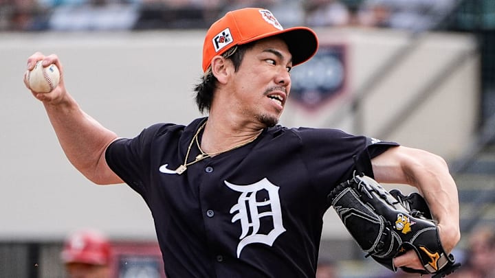 Detroit Tigers pitcher Kenta Maeda throws against Philadelphia Phillies during the first inning of a Grapefruit League game at Joker Marchant Stadium in Lakeland, Fla. on Saturday, Feb. 22, 2025.