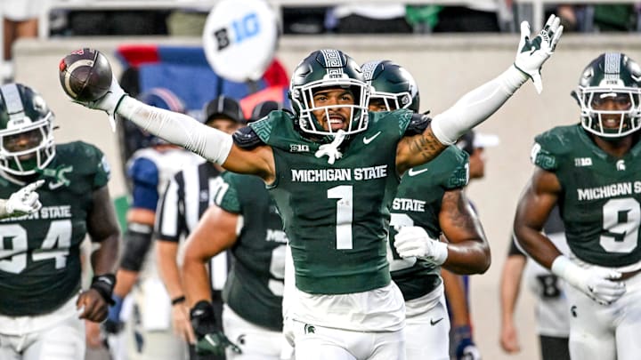 Michigan State's Nikai Martinez celebrates his interception against Florida Atlantic during the second quarter on Friday, Aug. 30, 2024, at Spartan Stadium in East Lansing.