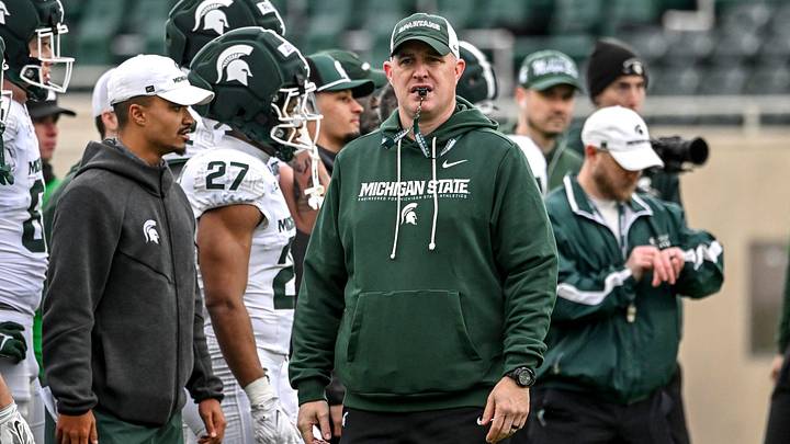 Michigan State's head coach Pat Fitzgerald looks on during the football Spring Showcase on Saturday, April 18, 2026, at Spartan Stadium in East Lansing.