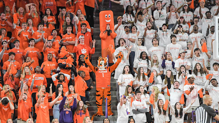 January 14, 2023; Clemson, South Carolina, USA; Clemson fans during the second half at Littlejohn Coliseum. Mandatory Credit: Ken Ruinard   Imagn Images 