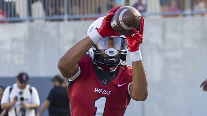 Weiss Wolves wide receiver Adrian Wilson (1) warms up before the game against the Temple Wildcats at the District 12-6A football game on Friday, Sept 29,20 2023, at the Pfield Stadium - Pflugerville, TX. Weiss Wolves wide receiver Adrian Wilson (1) warms up before the game against the Temple Wildcats at the District 12-6A football game on Friday, Sept 29,20 2023, at the Pfield Stadium - Pflugerville, TX.