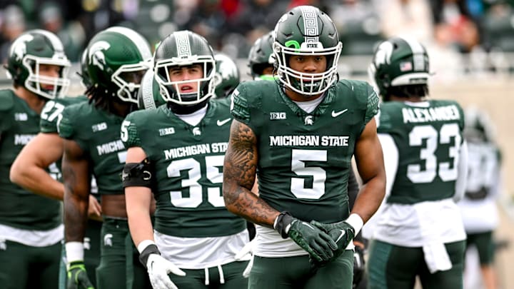 Michigan State's Jordan Hall and the linebackers prepare for a drill during the Spring Showcase on Saturday, April 20, 2024, at Spartan Stadium in East Lansing.