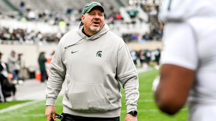 Michigan State offensive line coach Jim Michalczik works with players during the Spring Showcase on Saturday, April 20, 2024, at Spartan Stadium in East Lansing.