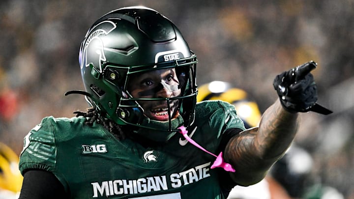 Michigan State's Makhi Frazier celebrates after a run against Michigan during the second quarter on Saturday, Oct. 25, 2025, at Spartan Stadium in East Lansing. Michigan State's Makhi Frazier celebrates after a run against Michigan during the second quarter on Saturday, Oct. 25, 2025, at Spartan Stadium in East Lansing.