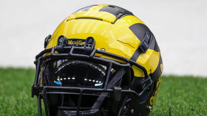 A Michigan football helmet on the sideline during open practice at NRG Stadium in Houston, Texas on Saturday, Jan. 6, 2024. A Michigan football helmet on the sideline during open practice at NRG Stadium in Houston, Texas on Saturday, Jan. 6, 2024.