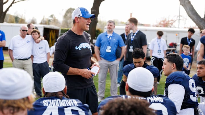 BYU Defensive Coordinator Kelly Poppinga at BYU Spring Camp
