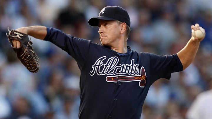 Jun 10, 2008; Chicago, IL, USA; Atlanta Braves starting pitcher Tom Glavine (47) delivers a pitch during the second inning against the Chicago Cubs at Wrigley Field.  Mandatory Credit: Jerry Lai-Imagn Images