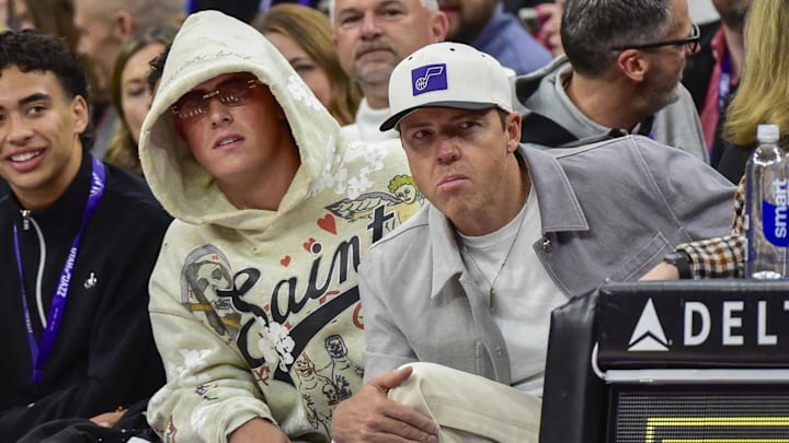 Mar 2, 2026; Salt Lake City, Utah, USA; Utah Jazz owner Ryan Smith and New York Giants quarterback Jaxson Dart watch the game between the Utah Jazz and the Denver Nuggets during the second half at Delta Center. Mandatory Credit: Peter Creveling-Imagn Images