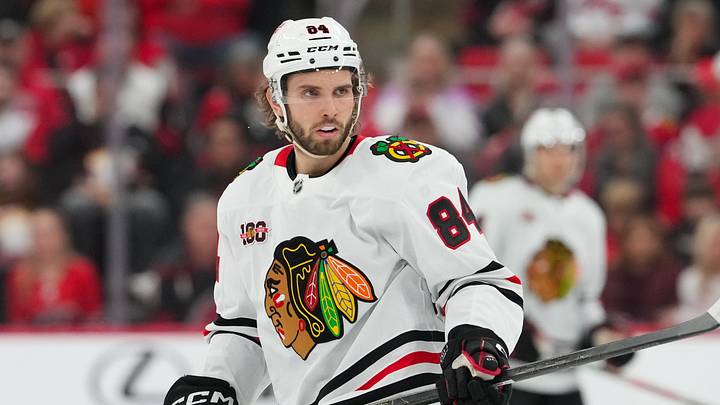 Jan 22, 2026; Raleigh, North Carolina, USA;  Chicago Blackhawks left wing Landon Slaggert (84) watches the play against the Carolina Hurricanes during the second period at Lenovo Center. Mandatory Credit: James Guillory-Imagn Images
