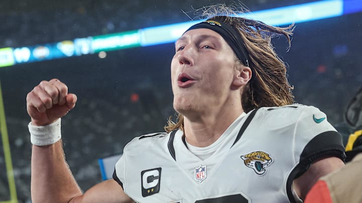 Dec 22, 2022; East Rutherford, New Jersey, USA; Jacksonville Jaguars quarterback Trevor Lawrence (16) reacts after the game against the New York Jets at MetLife Stadium. 