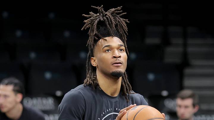 Feb 26, 2026; Brooklyn, New York, USA; San Antonio Spurs guard Stephon Castle (5) warms up before a game against the Brooklyn Nets at Barclays Center. Mandatory Credit: Brad Penner-Imagn Images