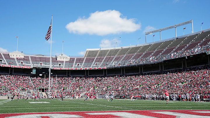 Ohio State Buckeye Scarlet Brandon Inniss (1) returns a punt against team Gary in the 1st half during the spring game at Ohio Stadium on April 12, 2025.