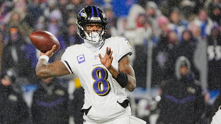 Baltimore Ravens quarterback Lamar Jackson gets off a pass against the Buffalo Bills. Baltimore Ravens quarterback Lamar Jackson gets off a pass against the Buffalo Bills.