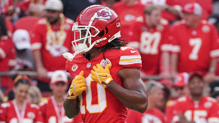 Sep 7, 2023; Kansas City, Missouri, USA; Kansas City Chiefs running back Isiah Pacheco (10) warms up against the Detroit Lions prior to a game at GEHA Field at Arrowhead Stadium. Mandatory Credit: Denny Medley-Imagn Images