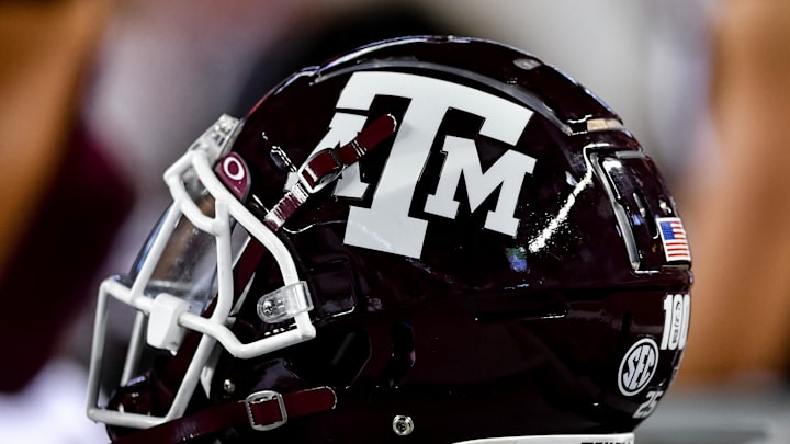 Sep 4, 2021;  College Station, Texas, USA;  Texas A&M Aggies helmet on the sideline of the game